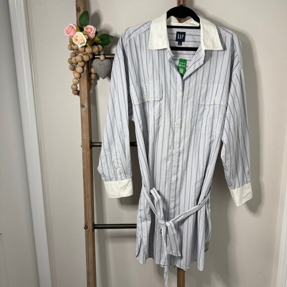 Gap Organic Cotton Striped Blue White Mini Shirt Dress Size Medium NWT - Picture 1 of 10
